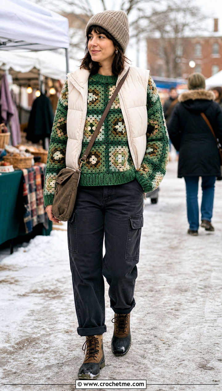 Chunky Granny Square Jumper With Puffer Vest - 25 Crochet Granny Jumper outfit ideas
