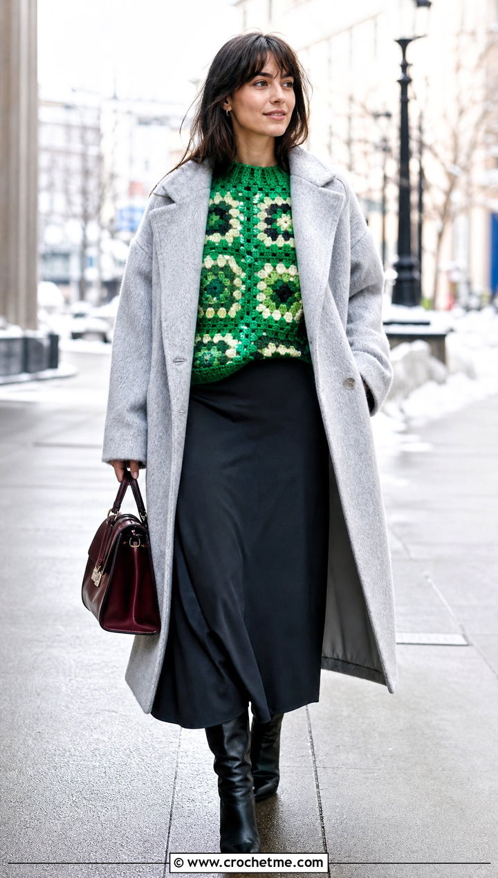 Chunky Granny Square Jumper With Wool Coat And Maxi Skirt - 35 granny square jumper outfit ideas