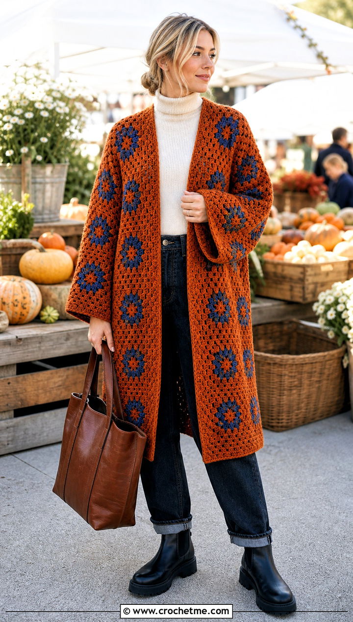 Chunky Granny Square Kimono With Turtleneck and Jeans - 30 granny square kimono outfit ideas