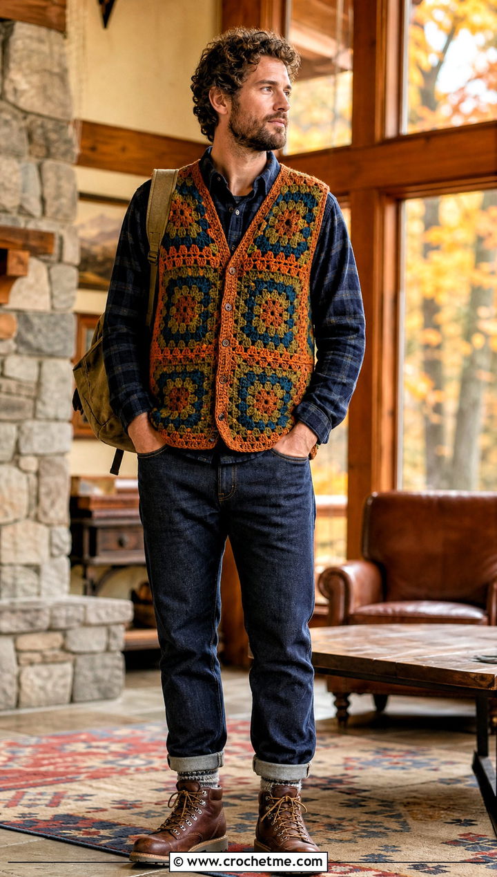 Chunky Granny Square Mens Vest With Flannel Shirt - 25 crochet granny square mens vest outfit ideas