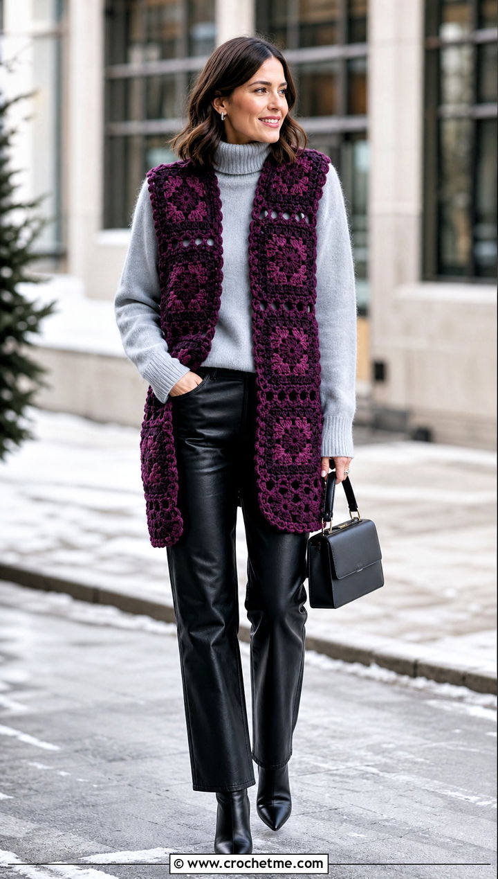 Chunky Granny Square Open Vest With Leather Pants - 25 granny square open vest outfit ideas