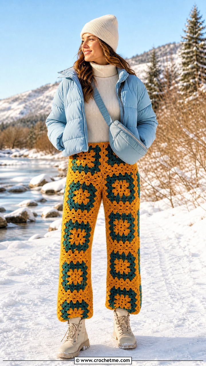 Chunky Granny Square Pants With Puffer Jacket And Snow Boots - 35 crochet granny square pants outfit ideas