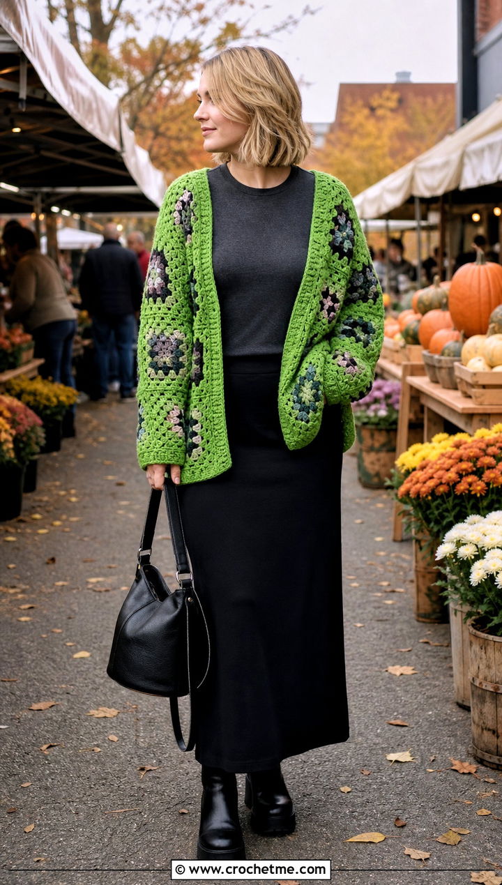 Chunky Granny Square Patchwork Cardigan With Knit Maxi Skirt - 30 Granny Square Patchwork Cardigan outfit ideas