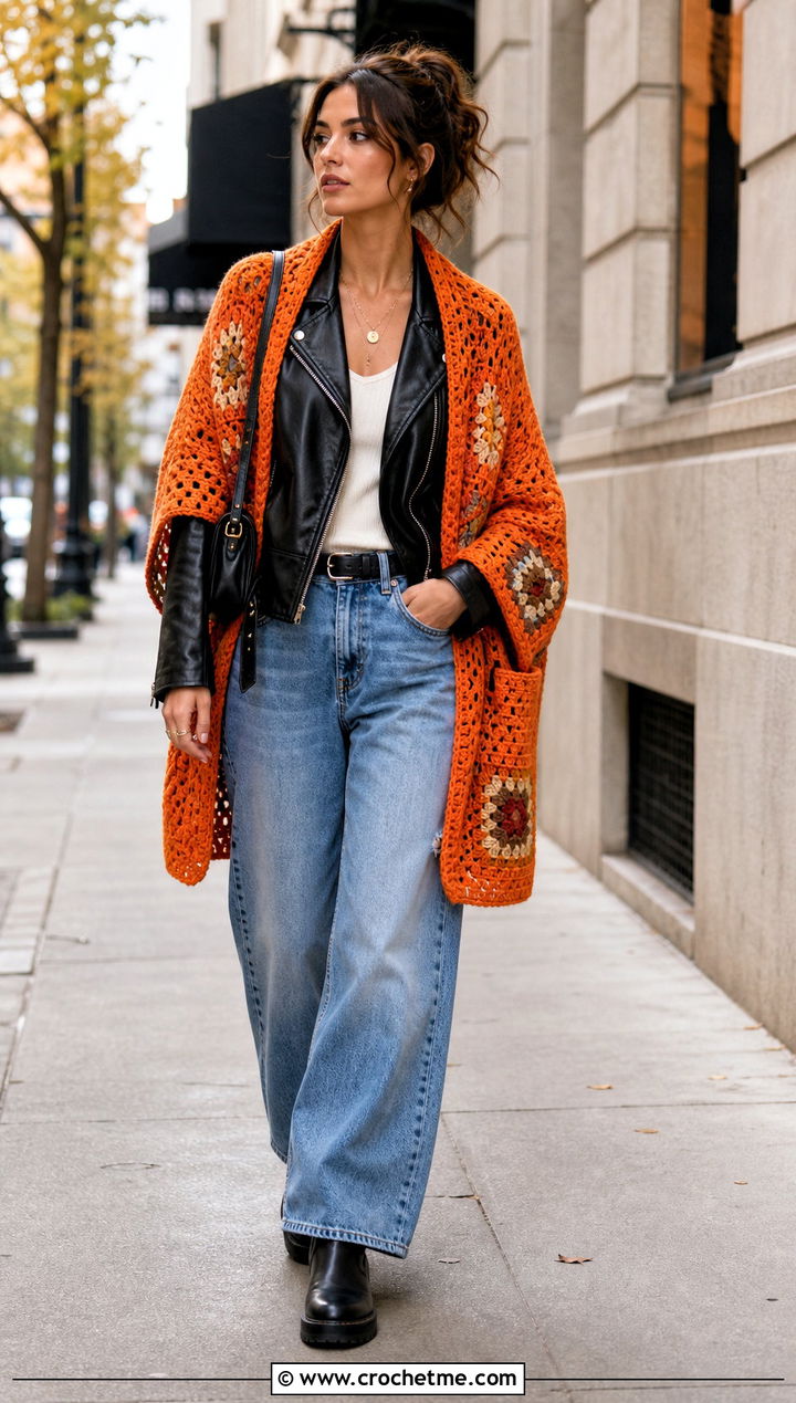 Chunky Granny Square Pocket Shawl With Leather Jacket - 20 Granny Square Pocket Shawl outfit ideas
