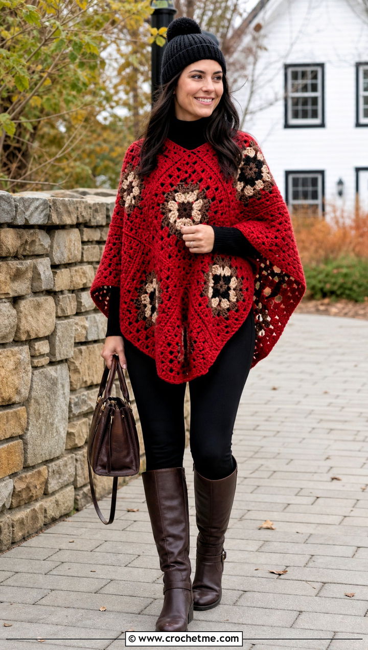 Chunky Granny Square Poncho With Leggings And Riding Boots - 35 Granny Square Outfit ideas