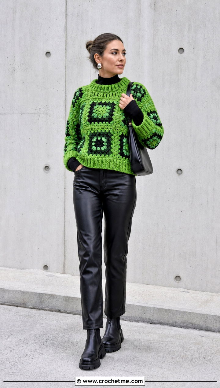 Chunky Granny Square Pullover Sweater With Leather Pants - 25 crochet granny square pullover sweater outfit ideas