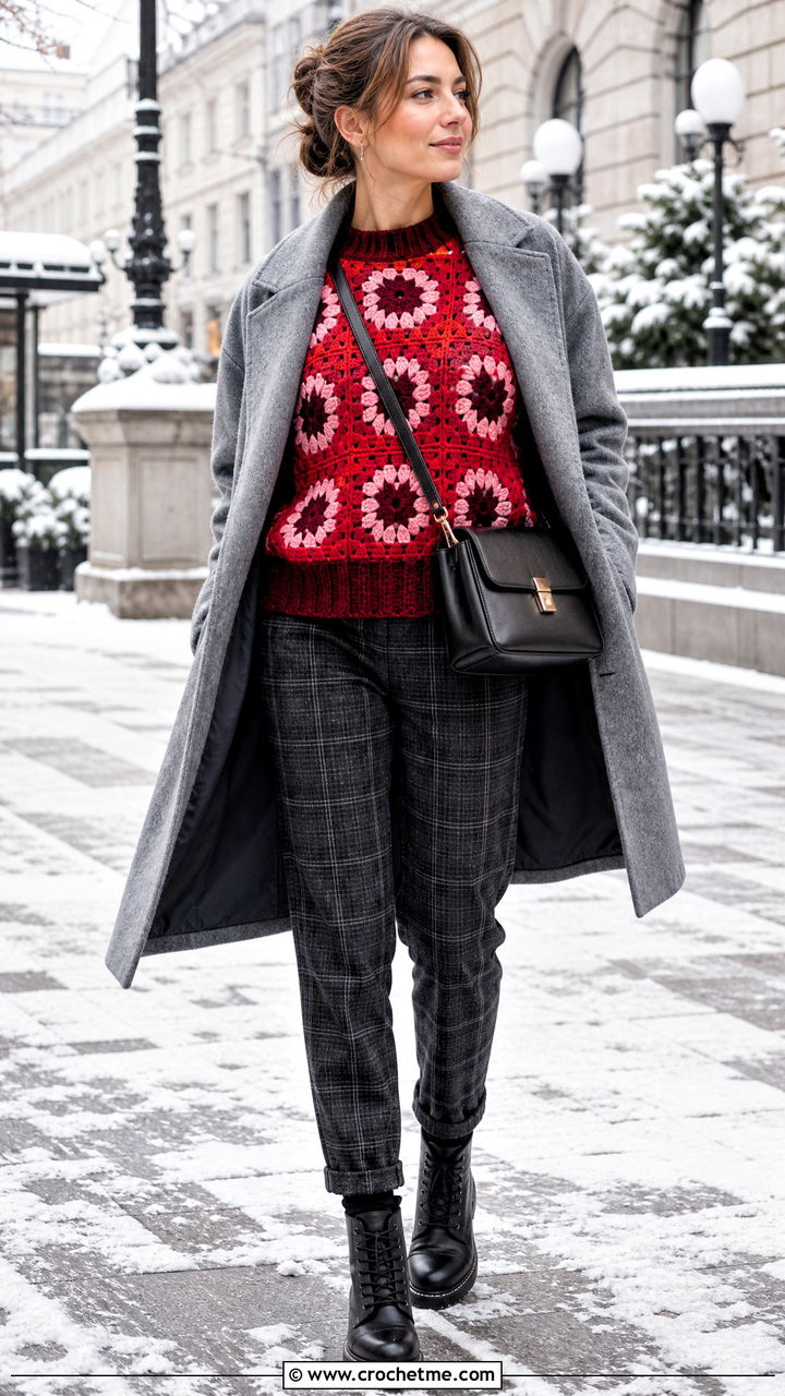 Chunky Granny Square Pullover With Plaid Pants - 35 crochet granny square pullover outfit ideas