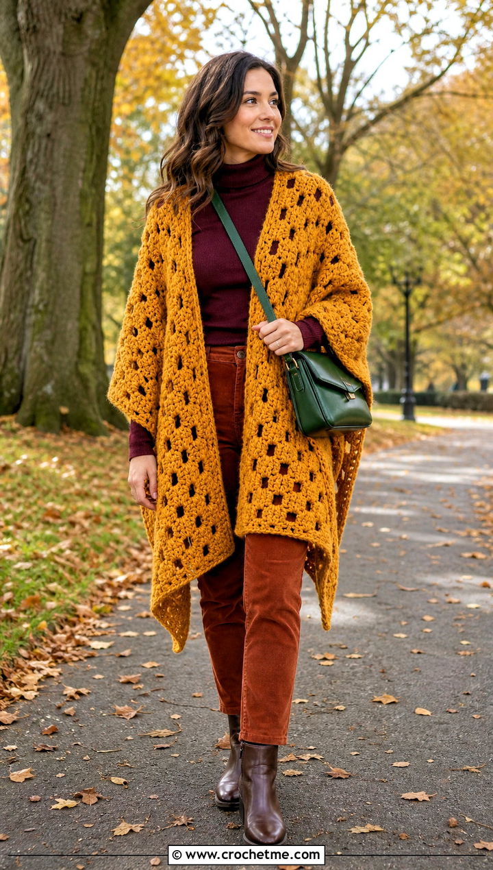 Chunky Granny Square Ruana With Thermal Layers - 25 Granny Square Ruana outfit ideas