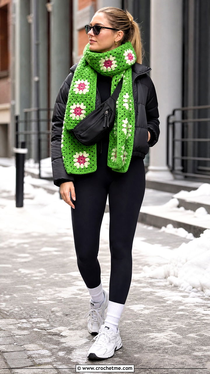 Chunky Granny Square Scarf With Puffer Jacket And Leggings - 35 granny square scarf outfit ideas