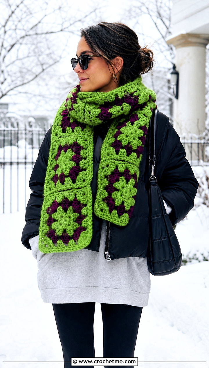 Chunky Granny Square Scarf With Puffer Jacket And Leggings - 30 crochet granny square scarf outfit ideas