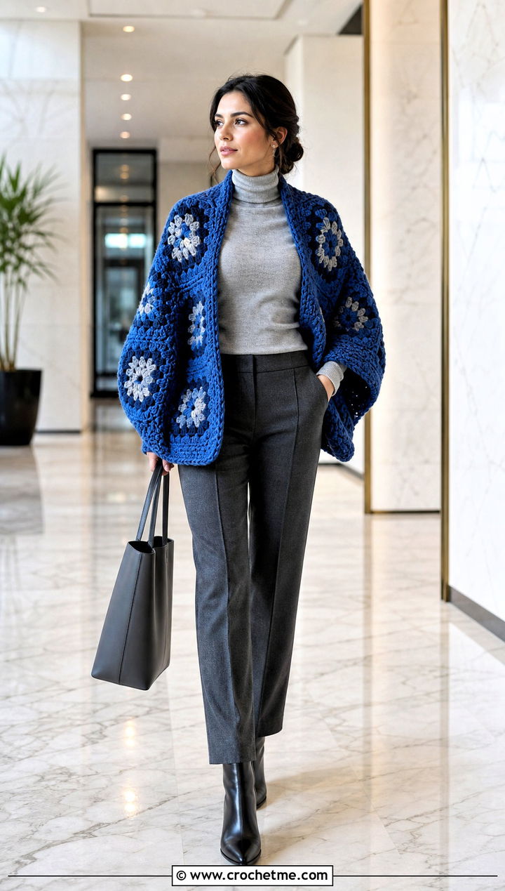 Chunky Granny Square Shrug With Wool Trousers - 25 Crochet Granny Shrug outfit ideas