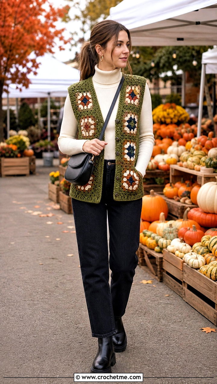 Chunky Granny Square Sleeveless Cardigan With Turtleneck And Jeans - 30 granny square sleeveless cardigan outfit ideas