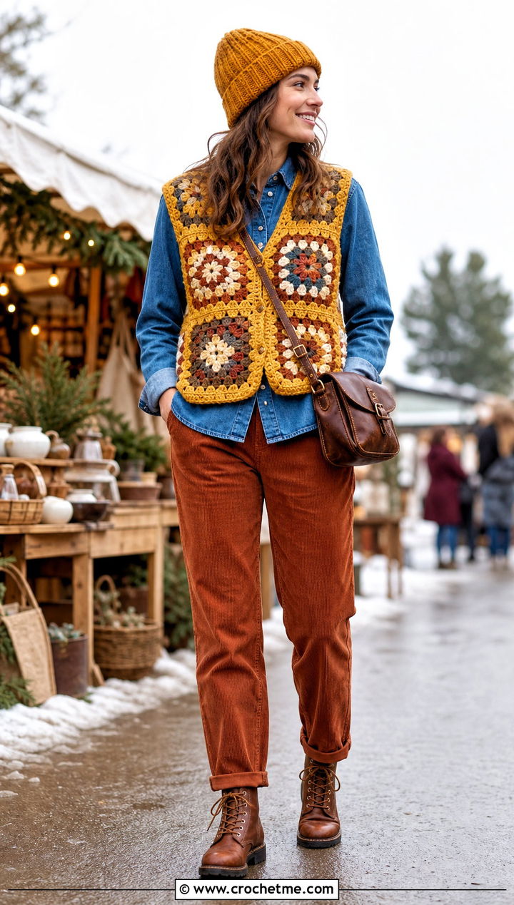 Chunky Granny Square Sleeveless Vest With Denim Shirt And Corduroy Pants - 20 Granny Square Sleeveless Vest outfit ideas