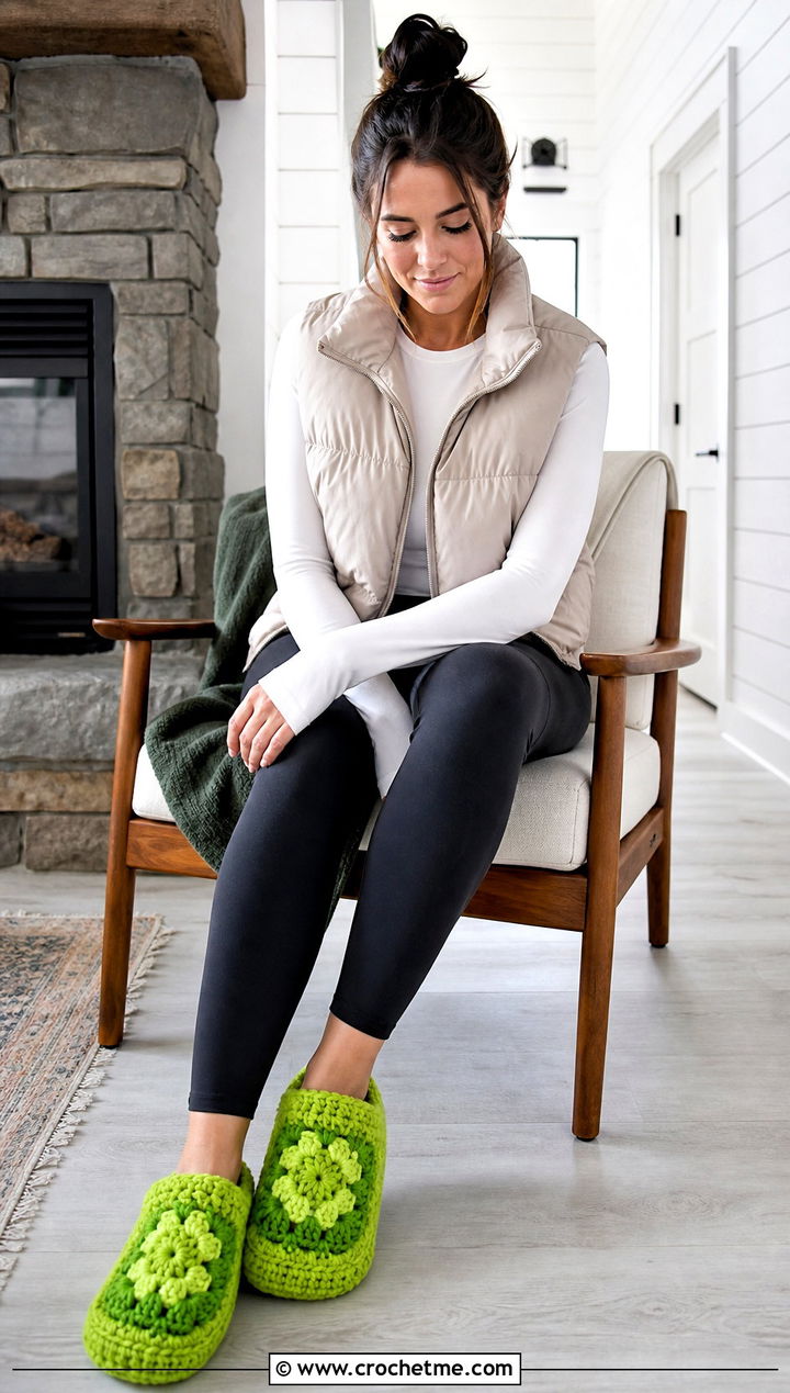 Chunky Granny Square Slippers With Leggings And Puffer Vest - 15 Crochet Granny Square Slipper outfit ideas
