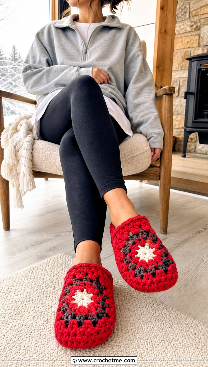 Chunky Granny Square Slippers With Leggings - 20 Easy Granny Square Crochet Slippers outfit ideas