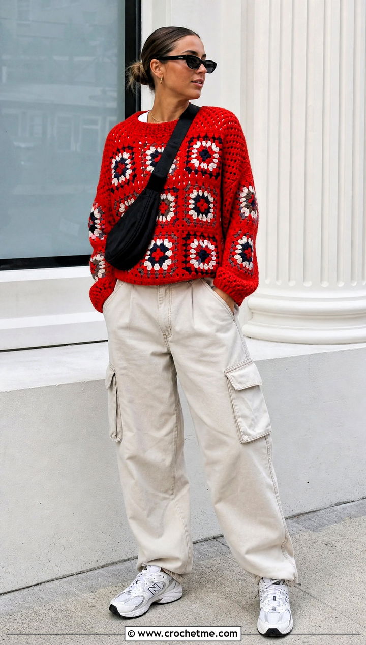 Chunky Granny Square Stitch Sweater With Cargo Pants - 25 granny square stitch sweater outfit ideas
