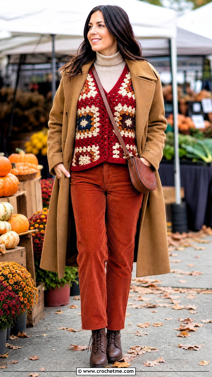Chunky Granny Square Sweater Vest With Corduroy Pants - 35 granny square sweater vest outfit ideas
