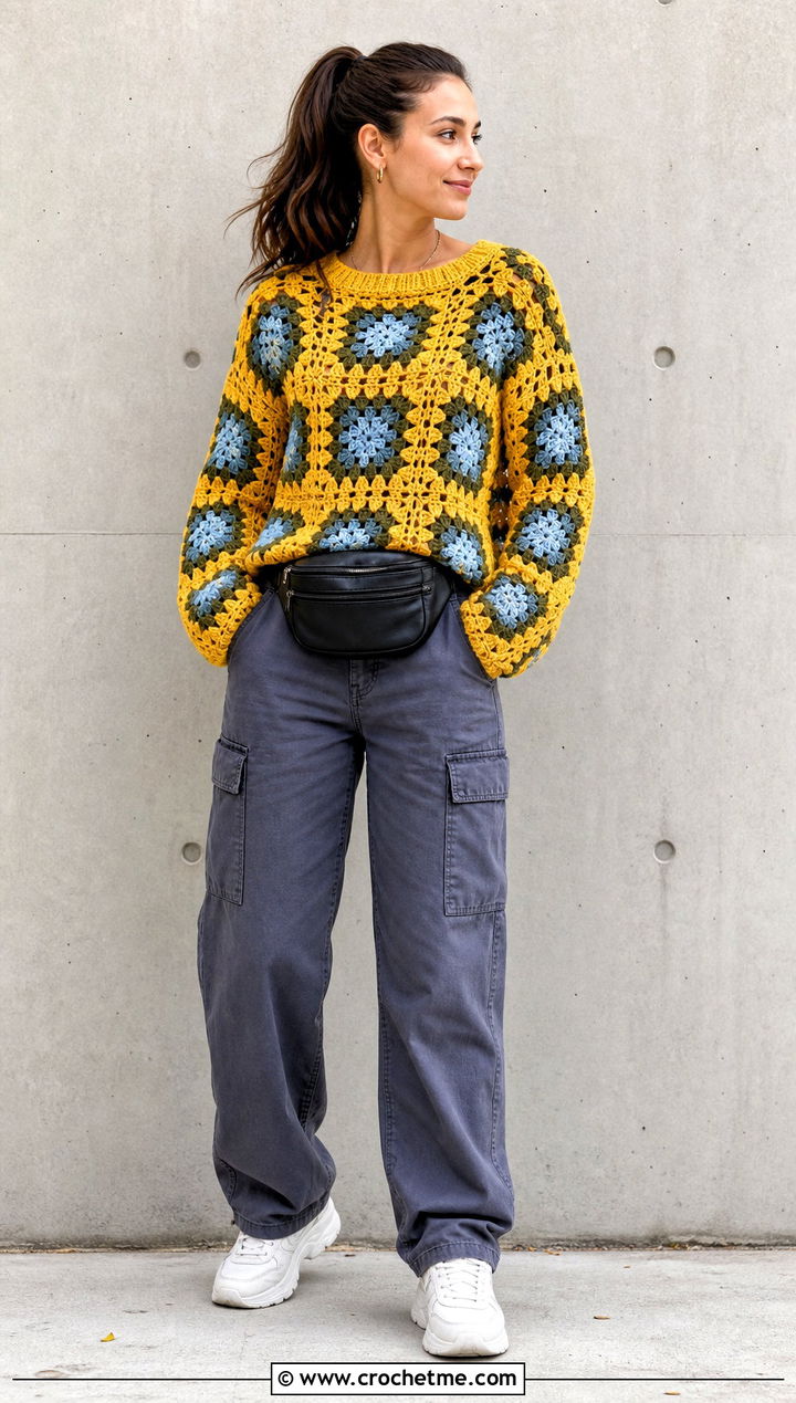 Chunky Granny Square Sweater With Cargo Pants - 25 Granny Squares Sweater outfit ideas