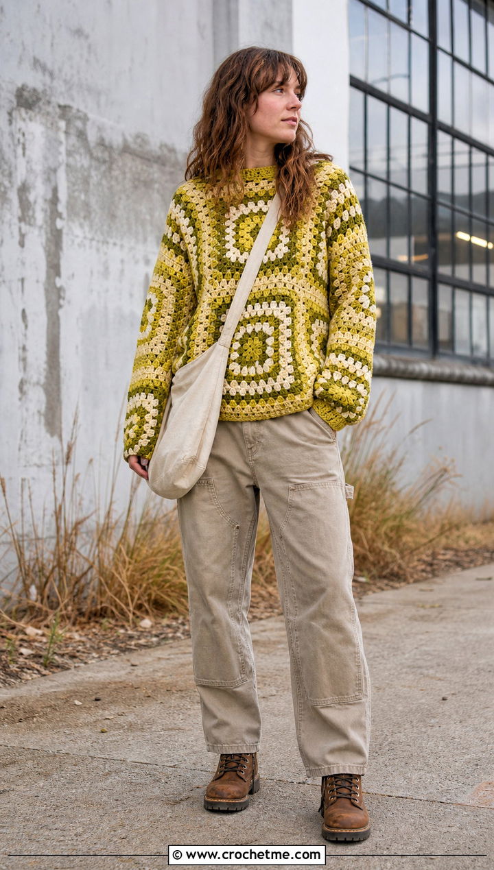Chunky Granny Square Sweater With Carpenter Pants - 25 Fall Granny Square Sweater outfit ideas