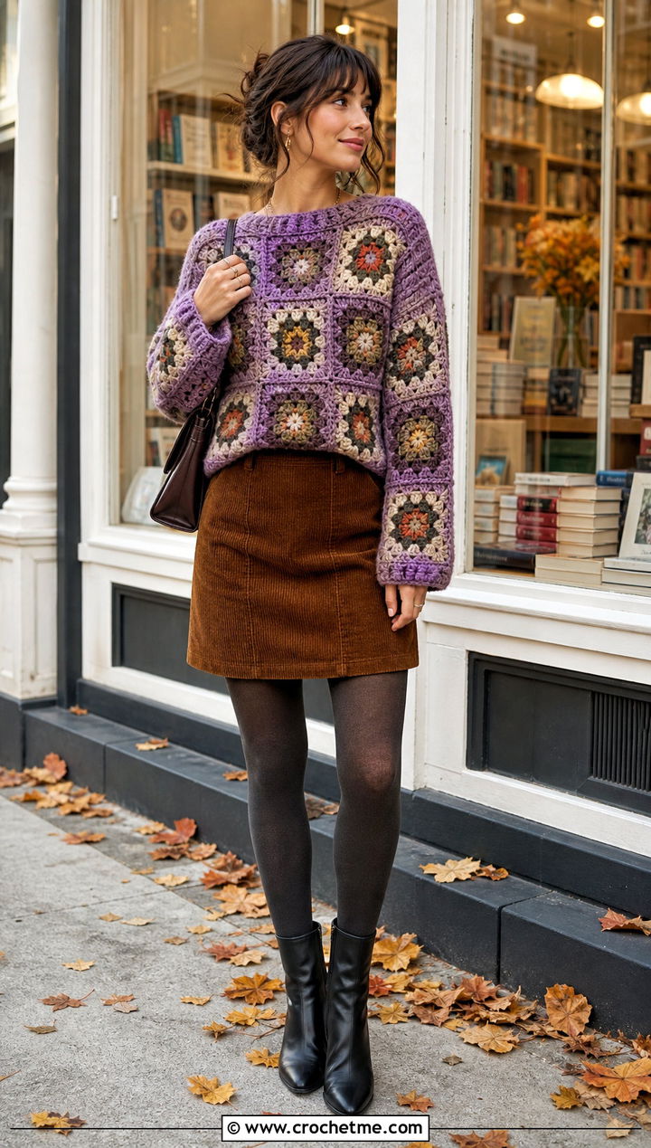 Chunky Granny Square Sweater With Corduroy Mini Skirt - 35 Crochet Square Sweater outfit ideas
