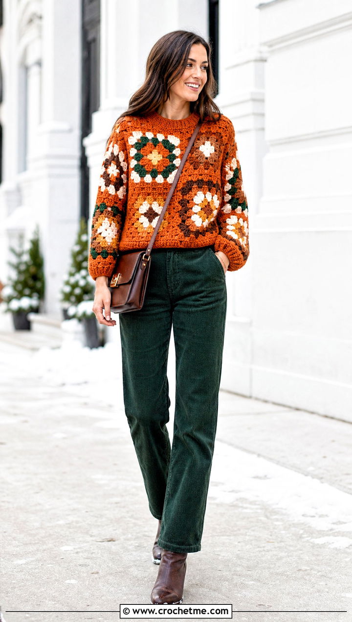 Chunky Granny Square Sweater With Corduroy Pants - 30 easy granny square sweater outfit ideas