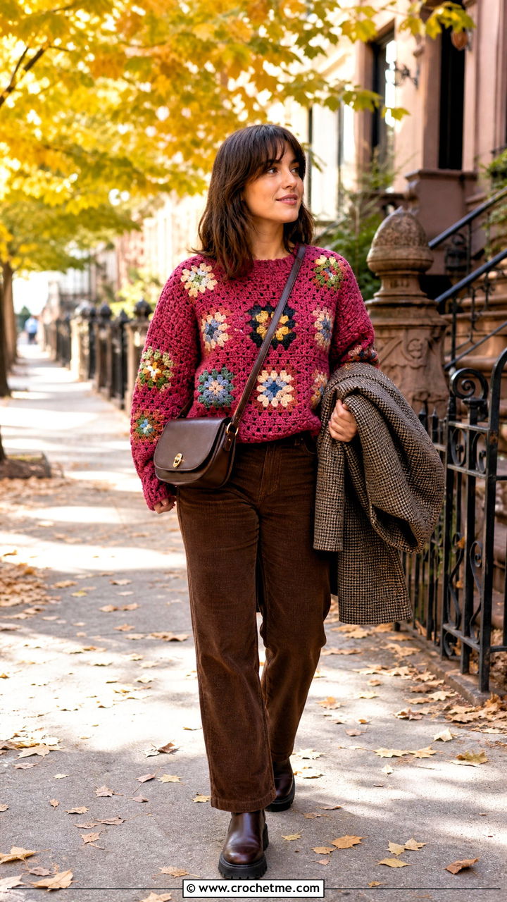 Chunky Granny Square Sweater With Corduroy Pants - 35 granny square sweater outfit ideas