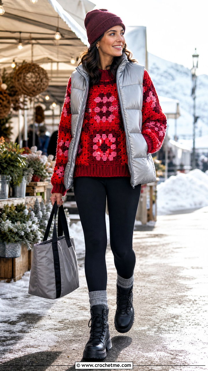 Chunky Granny Square Sweater With Leggings And Puffer Vest - 35 crochet granny square sweater outfit ideas