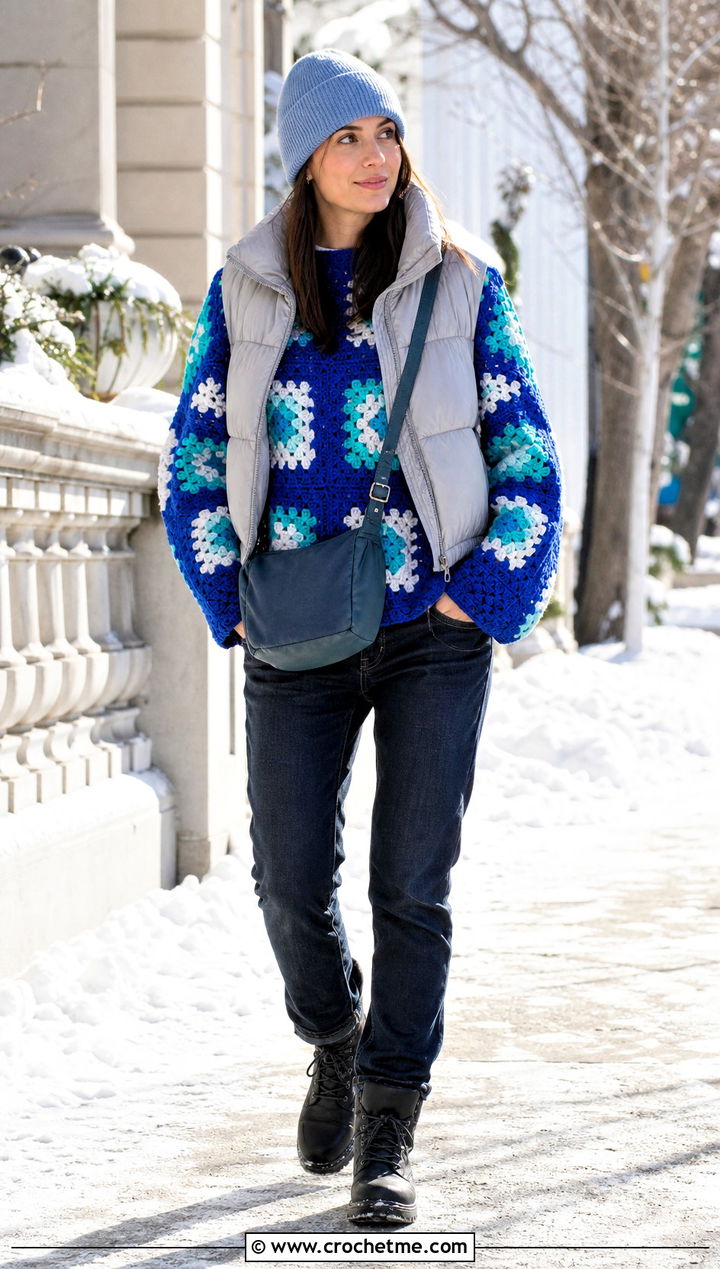 Chunky Granny Square Sweater With Puffer Vest - 25 Square Crochet Sweater outfit ideas