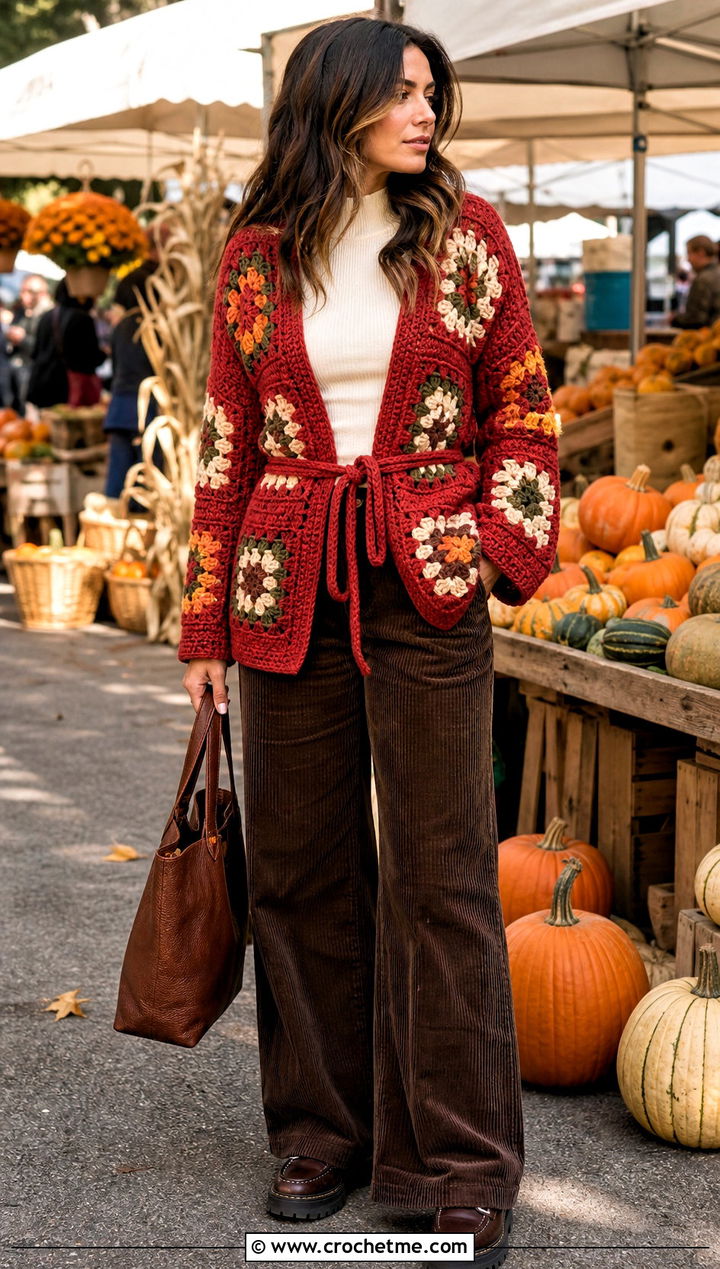 Chunky Granny Square Tie Cardigan With Corduroy Pants - 25 Granny Square Tie Cardigan outfit ideas