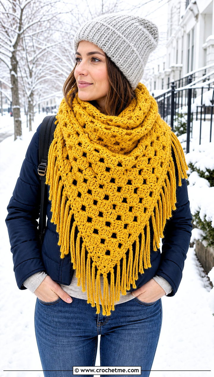 Chunky Granny Square Triangle Shawl With Puffer Jacket - 30 granny square triangle shawl outfit ideas