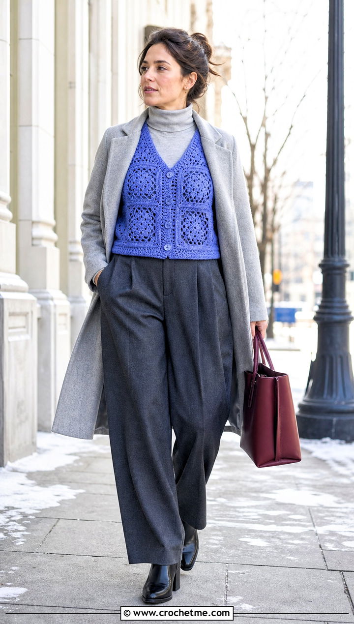 Chunky Granny Square Vest With A Turtleneck And Wool Trousers - 15 Crochet Granny Square Vest outfit ideas
