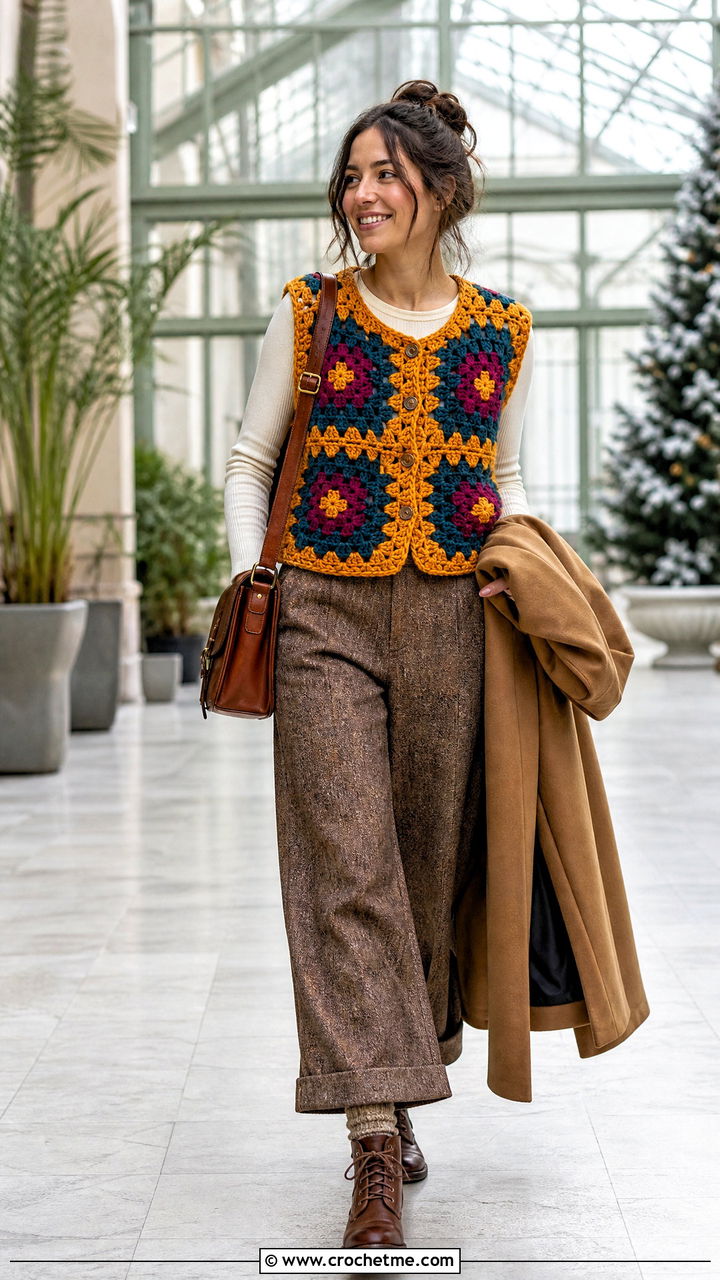 Chunky Granny Square Vest With Thermal Top - 35 granny square vest outfit ideas