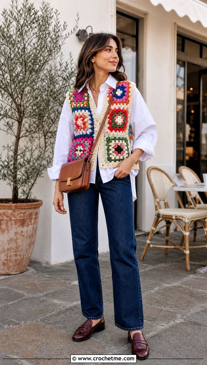 Chunky Granny Square Vest With White Shirt And Jeans - 15 Chunky Crochet Top outfit ideas