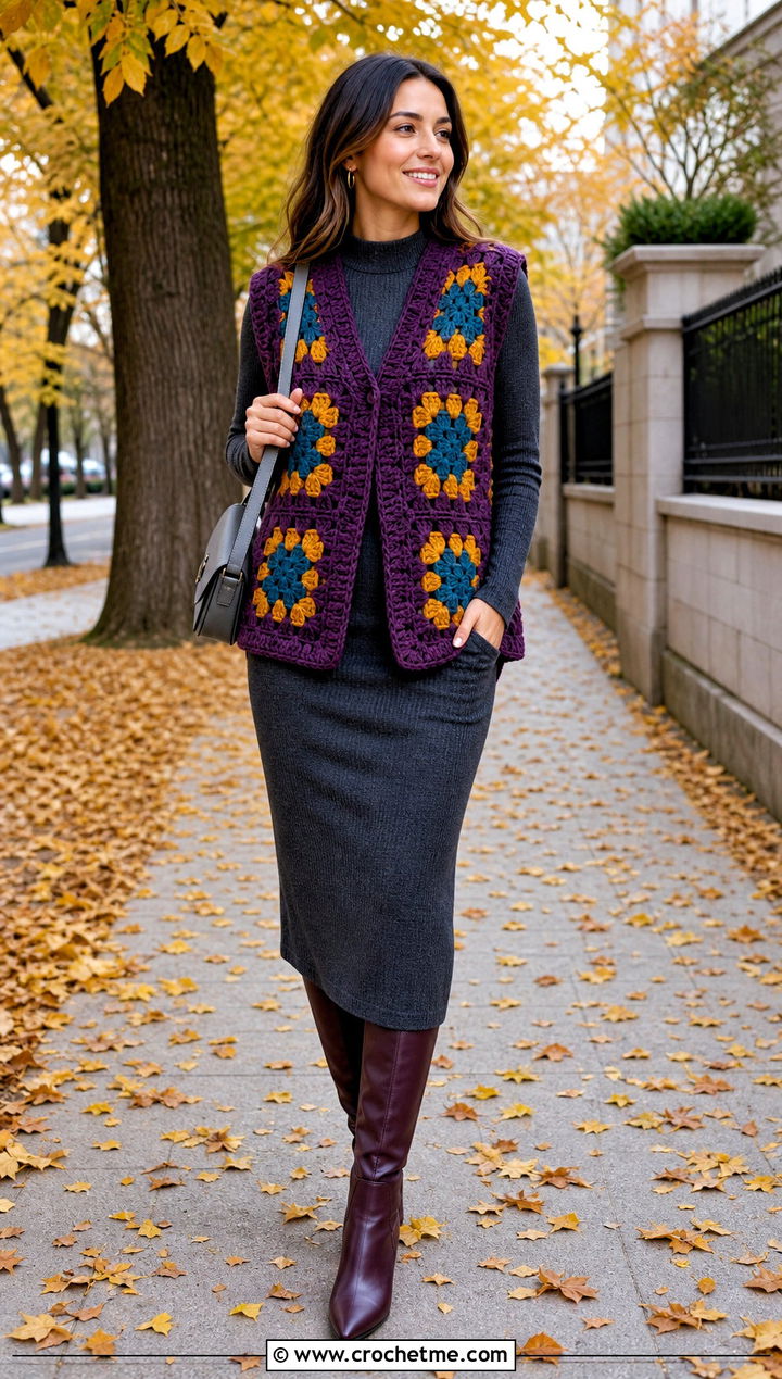 Chunky Granny Square Waistcoat Over a Knit Dress - 35 granny square waistcoat outfit ideas