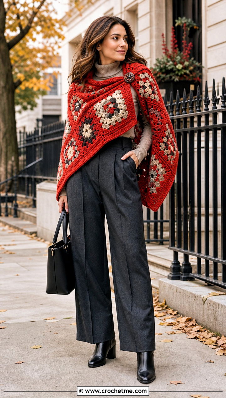 Chunky Granny Square Winter Wrap With Wool Trousers - 30 granny square wrap outfit ideas