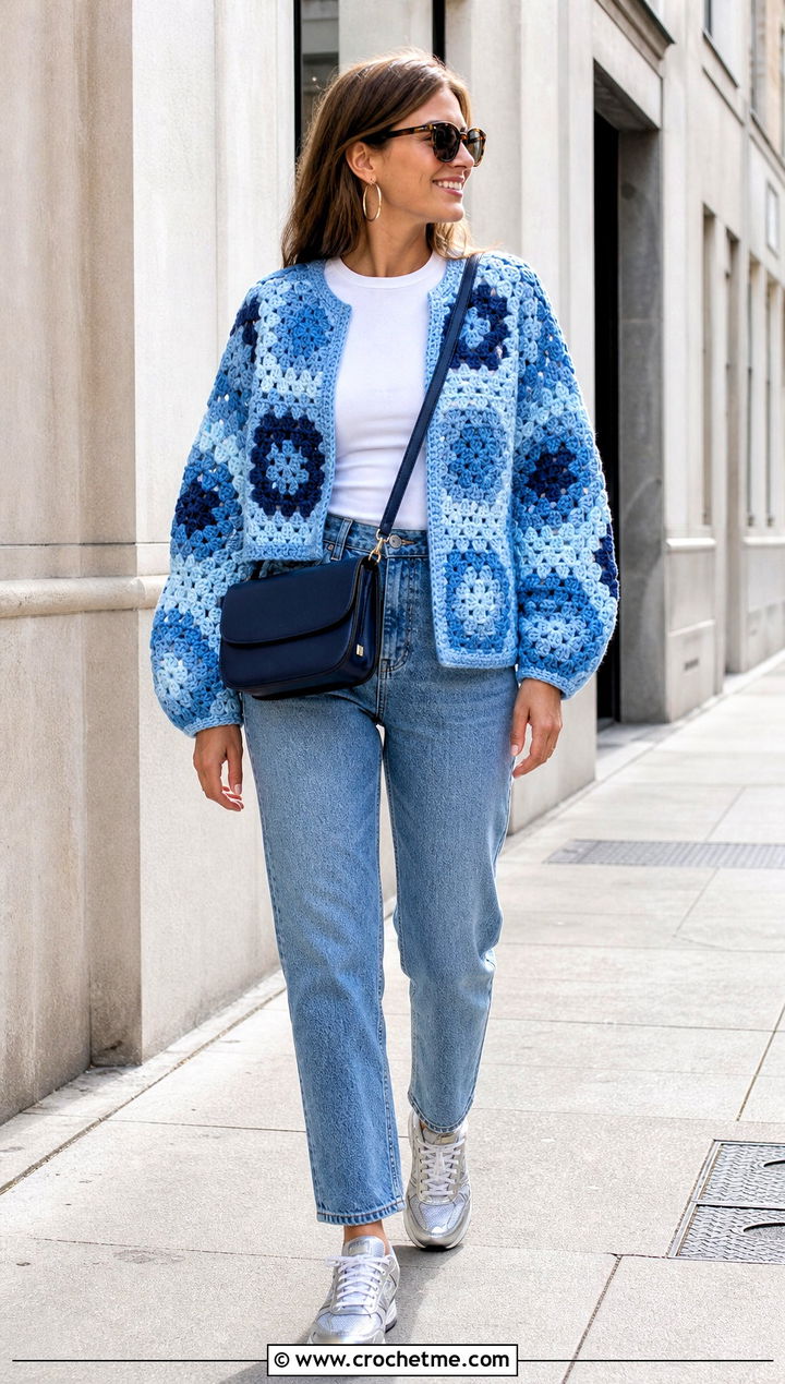 Chunky Granny Stitch Hexagon Cardigan With Straight Jeans - 30 chunky crochet hexagon cardigan outfit ideas