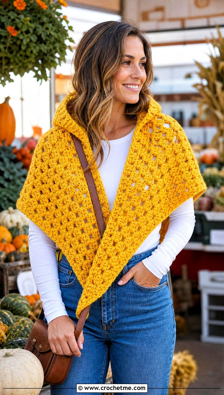 Chunky Granny Stitch Hooded Triangle Crochet Shawl With Straight Leg Jeans - 25 Hooded Triangle Crochet Shawl outfit ideas