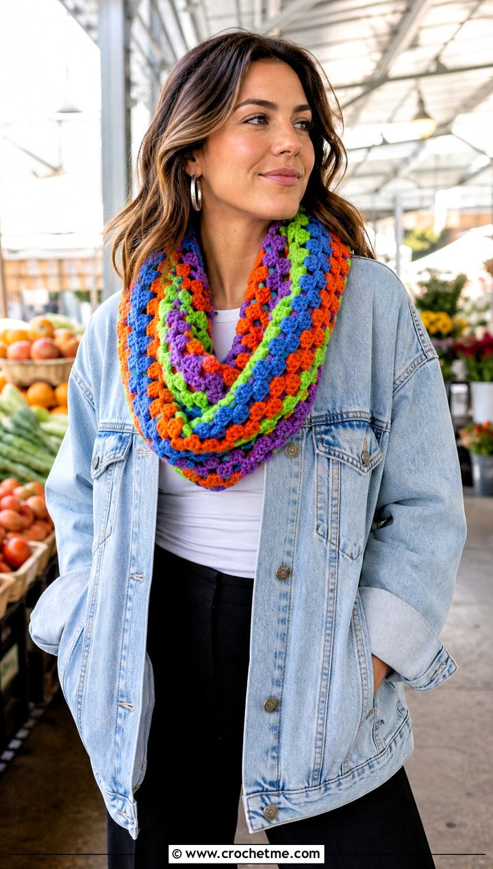 Chunky Granny Stitch Infinity Scarf With Denim Jacket - 20 Chunky Crochet Infinity Scarf outfit ideas