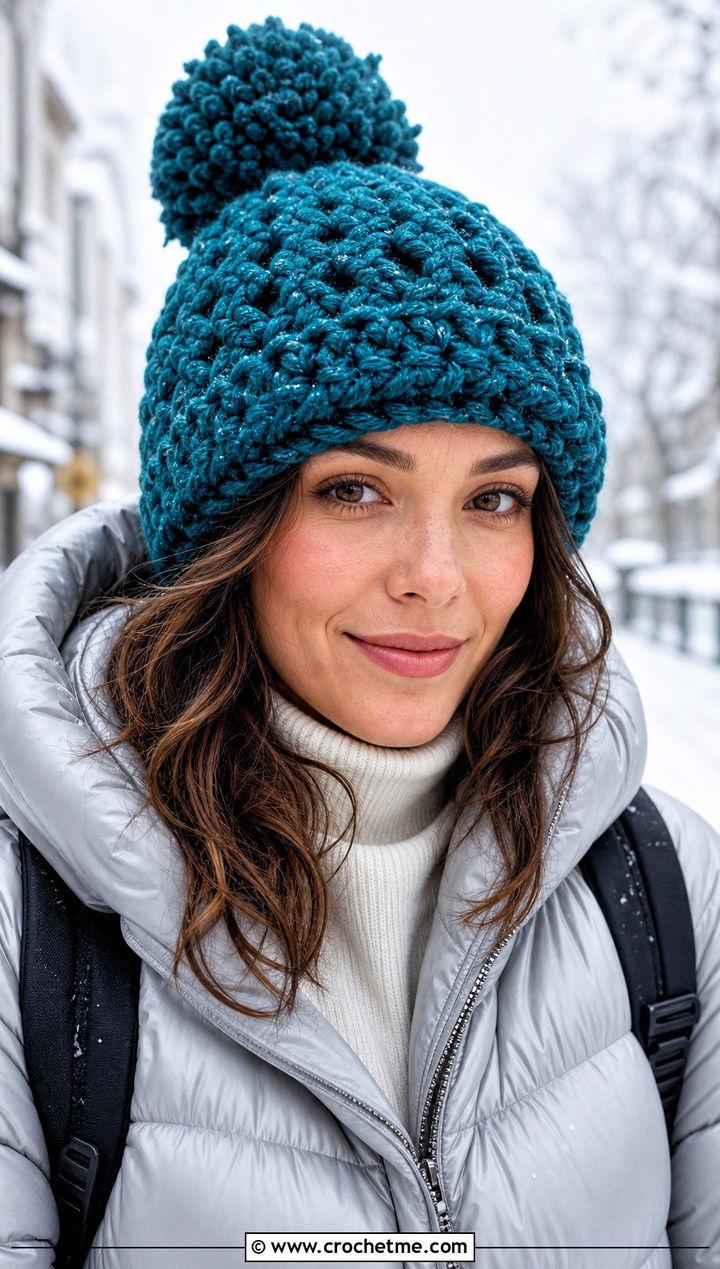 Chunky Granny Stitch Pom Pom Hat With Puffer Jacket - 20 Granny Crochet Hat outfit ideas