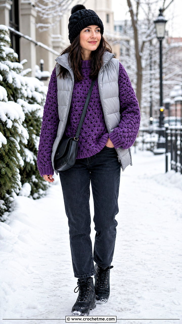 Chunky Granny Stitch Sweater With Puffer Vest - 35 crochet granny stitch sweater outfit ideas