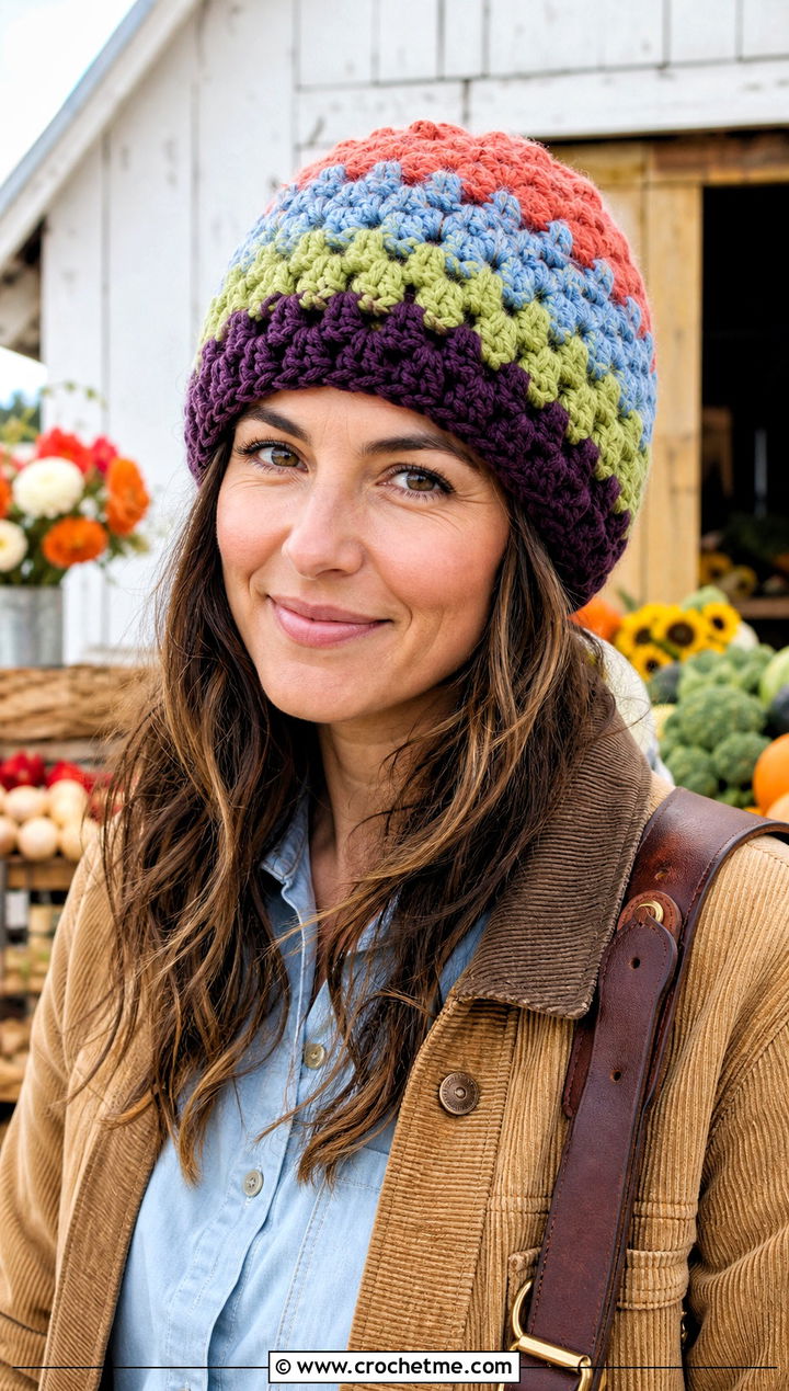 Chunky Granny Stripe Crochet Beanie With Barn Jacket - 25 Easy Chunky Crochet Hat outfit ideas