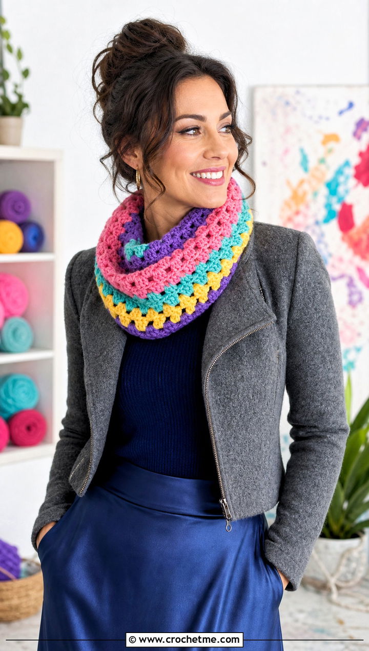 Chunky Granny Stripe Crochet Cowl With Satin Skirt - 30 chunky crochet cowl outfit ideas