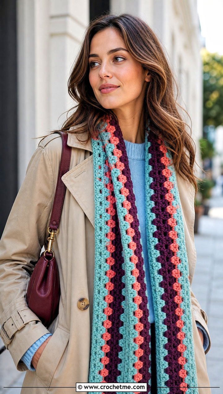 Chunky Granny Stripe Crochet Scarf With Trench Coat - 25 Chunky Yarn Crochet Scarf outfit ideas