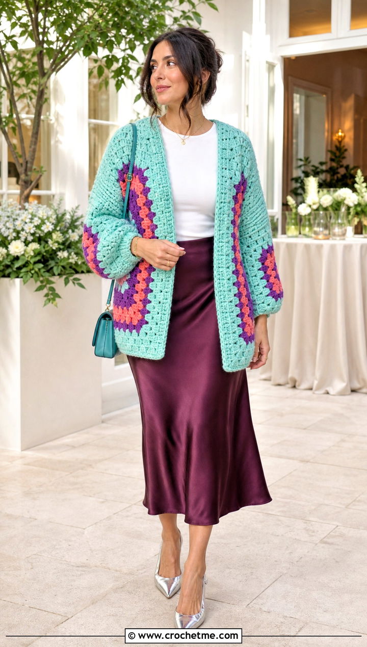 Chunky Granny Stripe Hexagon Cardigan With Satin Skirt - 30 chunky crochet hexagon cardigan outfit ideas
