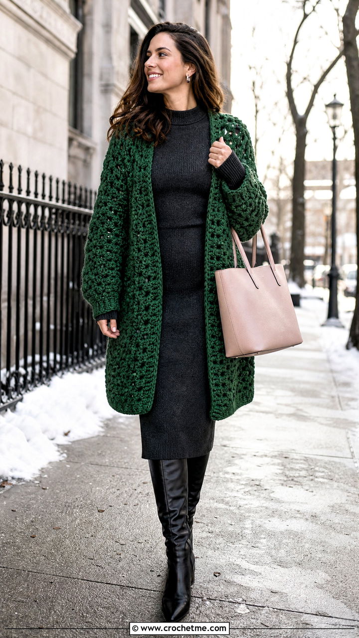 Chunky Green Crochet Cardigan With a Knit Dress and Boots - 35 green crochet cardigan outfit ideas