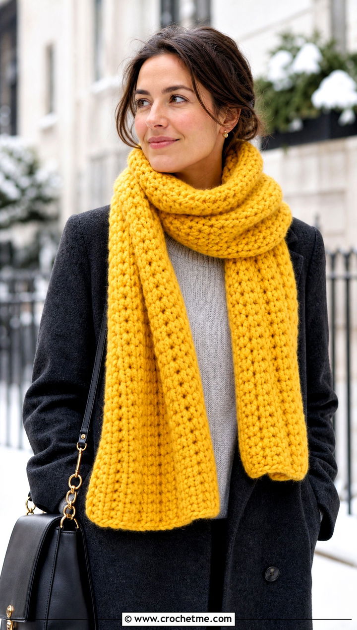 Chunky HDC Crochet Scarf With Wool Coat - 20 Hdc Crochet Scarf outfit ideas