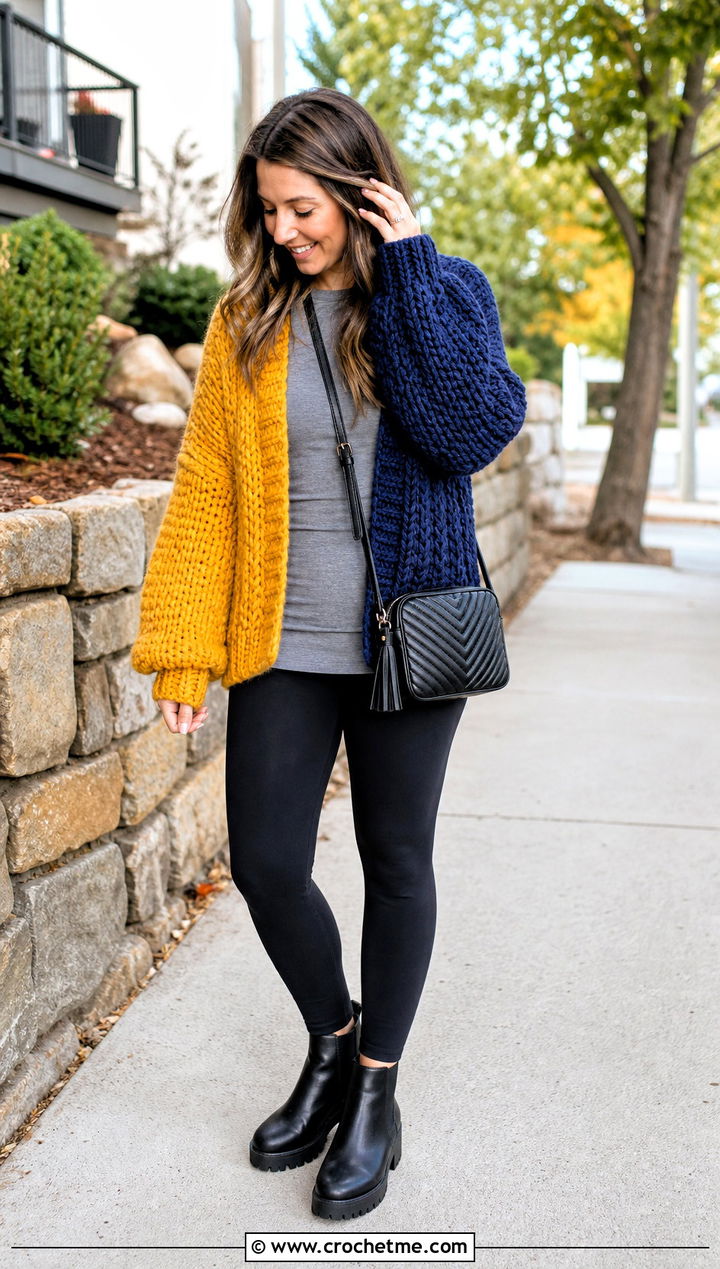 Chunky Half And Half Crochet Cardigan With Leggings - 20 Half And Half Crochet Cardigan outfit ideas