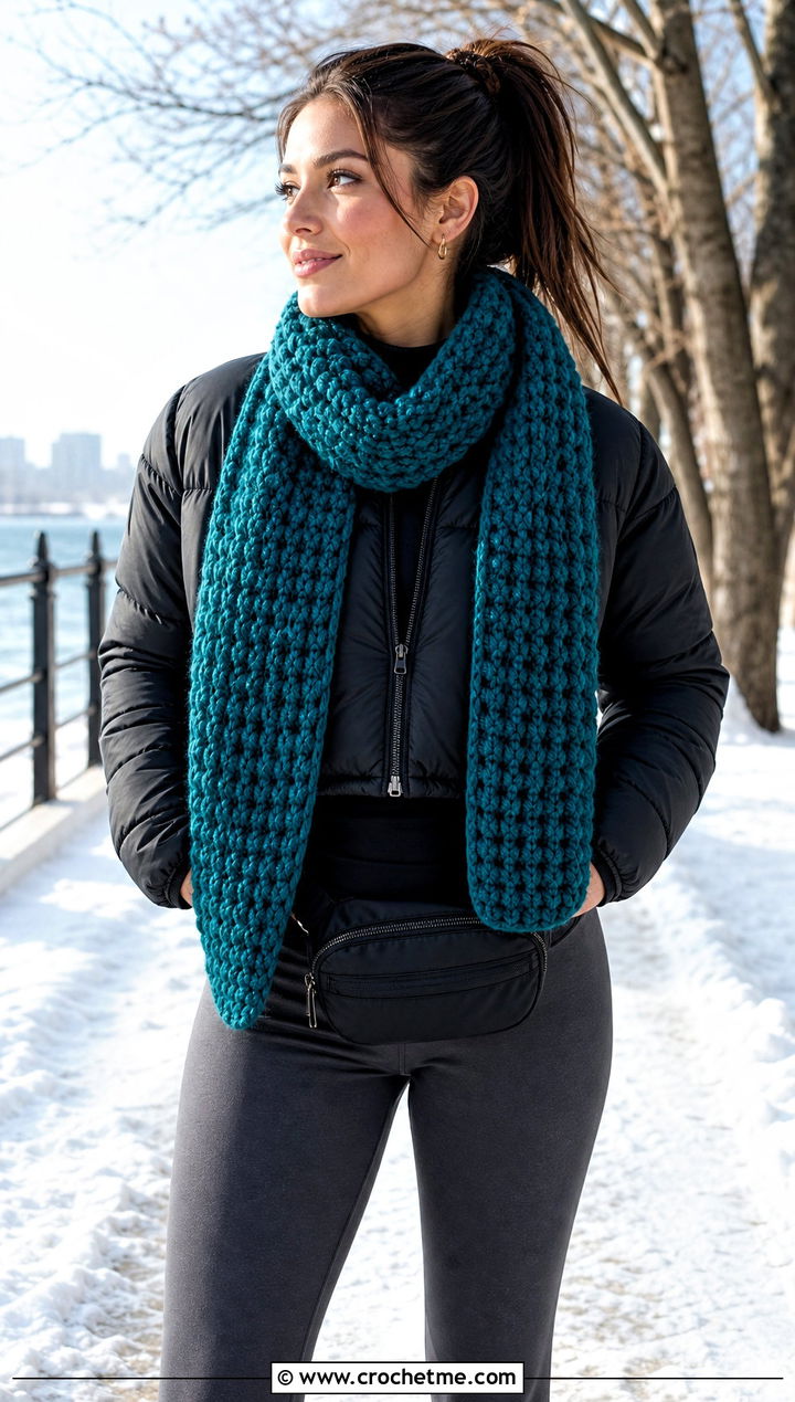 Chunky Half Double Crochet Scarf With Puffer Jacket - 20 Half Double Crochet Scarf outfit ideas