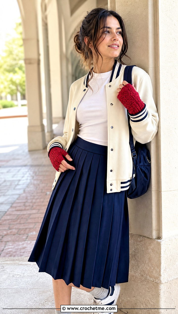 Chunky Half Finger Crochet Gloves With Varsity Jacket - 25 Chunky Crochet Gloves outfit ideas