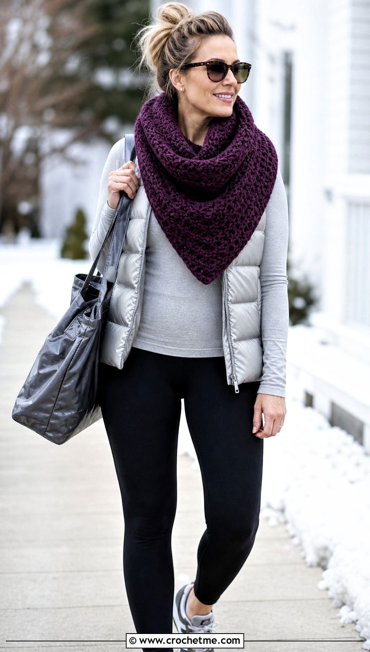 Chunky Half Moon Crochet Shawl With Puffer Vest And Leggings - 25 Half Moon Crochet Shawl outfit ideas